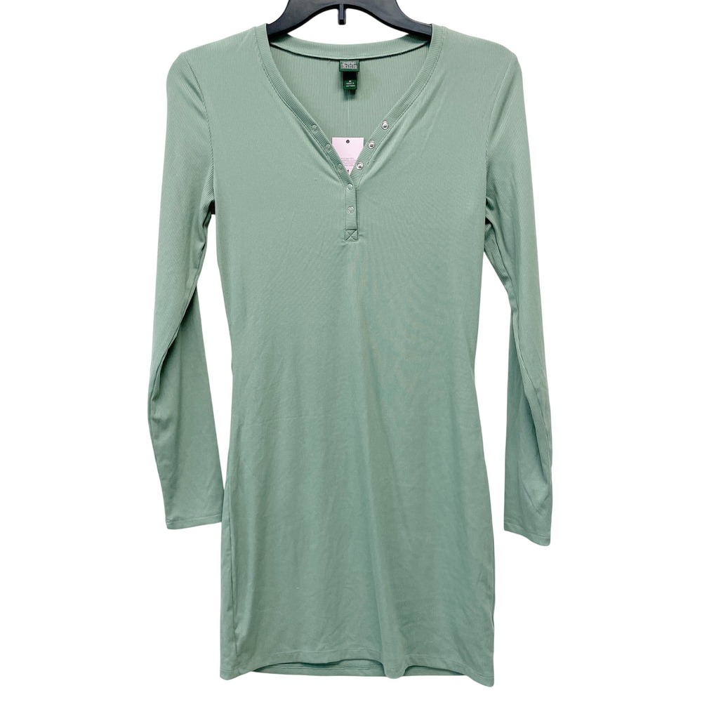 Wild Fable Women's Sage Green Ribbed Henley Long Sleeve Mini Dress Size M